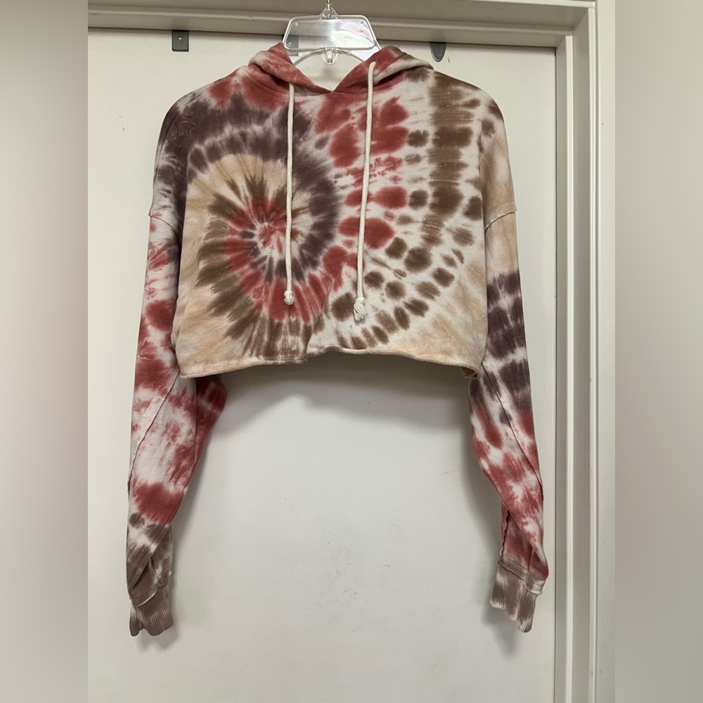 Aeropostale Tie-Dye Cropped Boyfriend Pullover Hoodie - size M - brown/pink